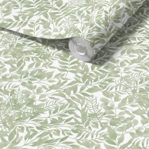 Close-up detail of soft sage green watercolor leaves wallpaper design, showcasing the intricate and delicate leaf patterns