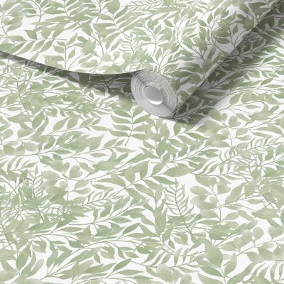 Close-up detail of soft sage green watercolor leaves wallpaper design, showcasing the intricate and delicate leaf patterns