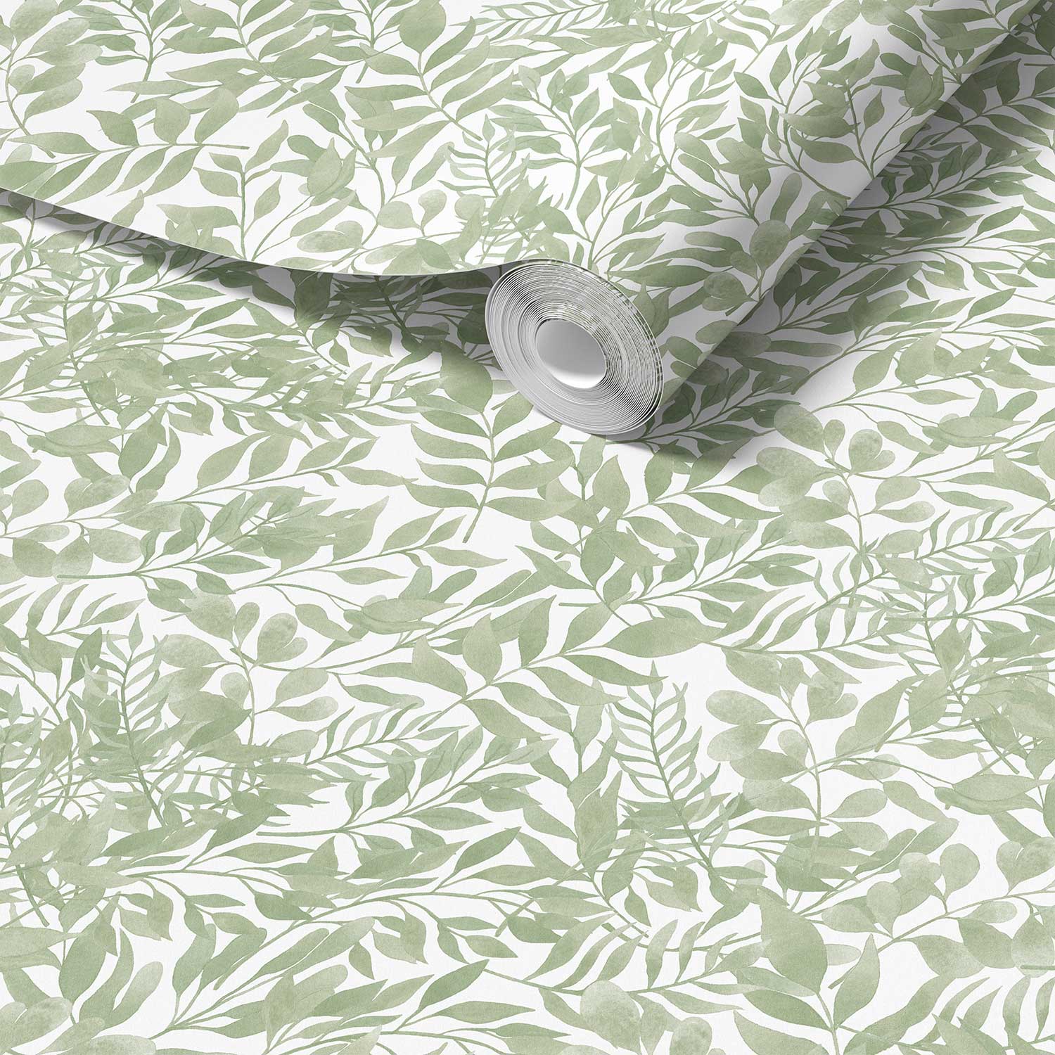 Close-up detail of soft sage green watercolor leaves wallpaper design, showcasing the intricate and delicate leaf patterns