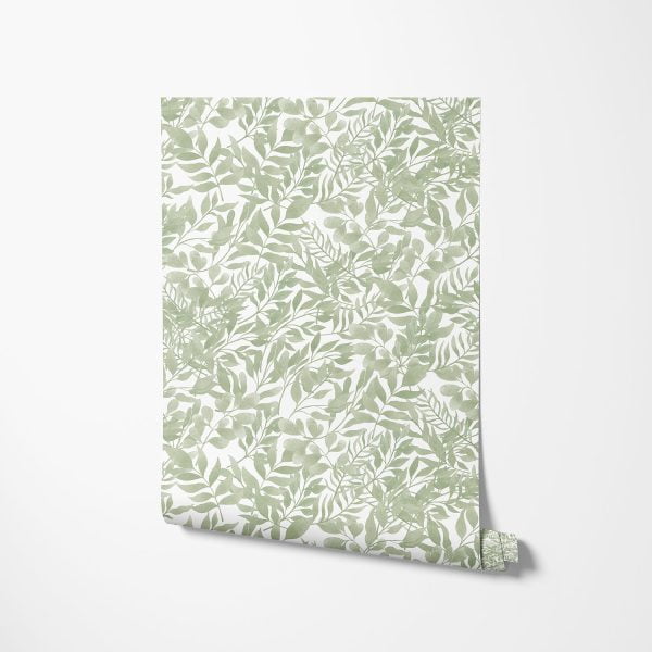 Close-up detail of soft sage green watercolor leaves wallpaper design, showcasing the intricate and delicate leaf patterns