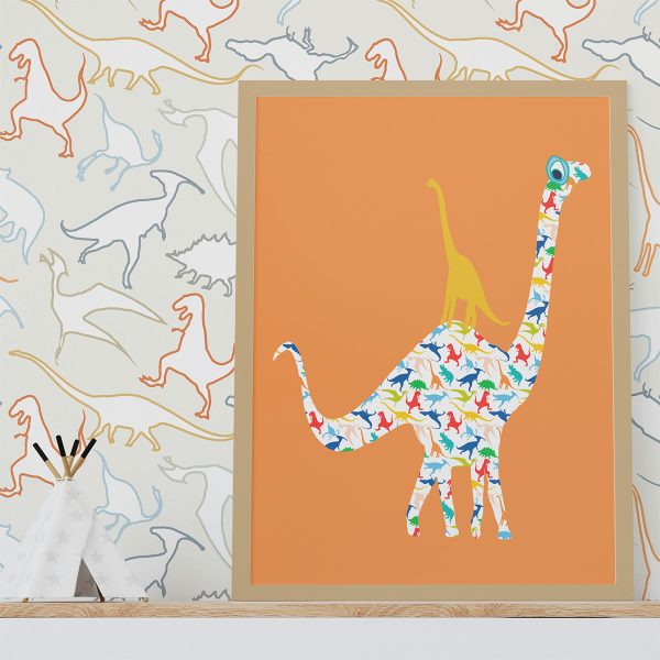 Dinosaur wallpaper in modern contemporary design with orange, gray, blue, mustard, and white colors in a kids bedroom.