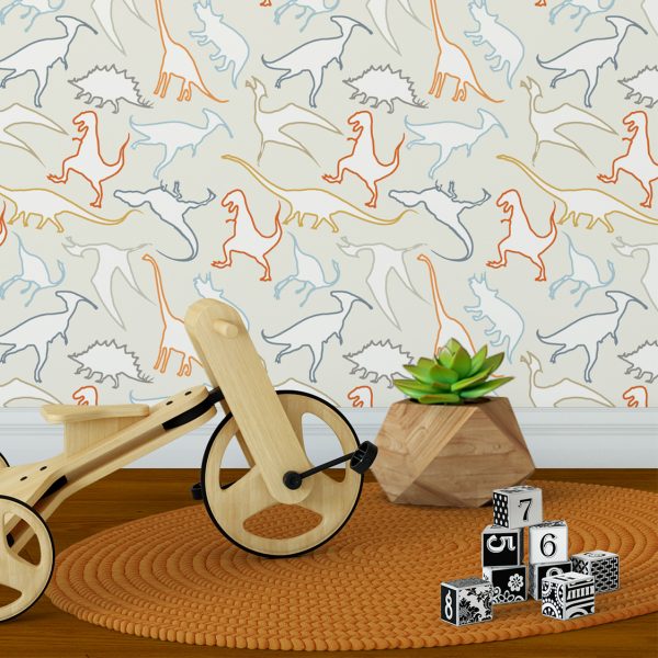 Dinosaur wallpaper in modern contemporary design with orange, gray, blue, mustard, and white colors in a kids playroom.