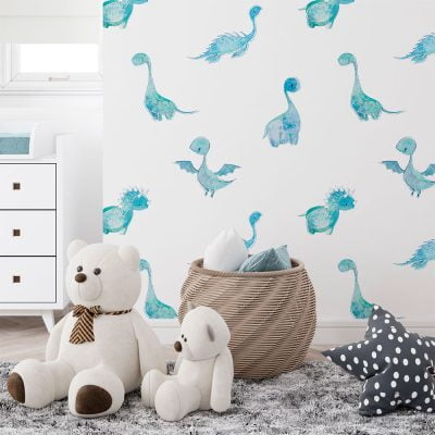 Baby blue dinosaur wallpaper in a child's playroom, available in vinyl, paper, or fabric peel and stick options