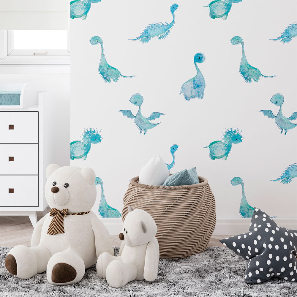 Baby blue dinosaur wallpaper in a child's playroom, available in vinyl, paper, or fabric peel and stick options