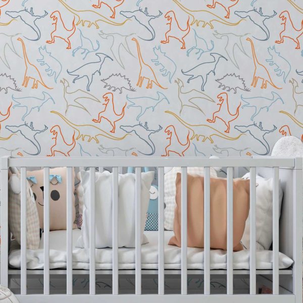 Dinosaur wallpaper in modern contemporary design with orange, gray, blue, mustard, and white colors in a baby nursery.
