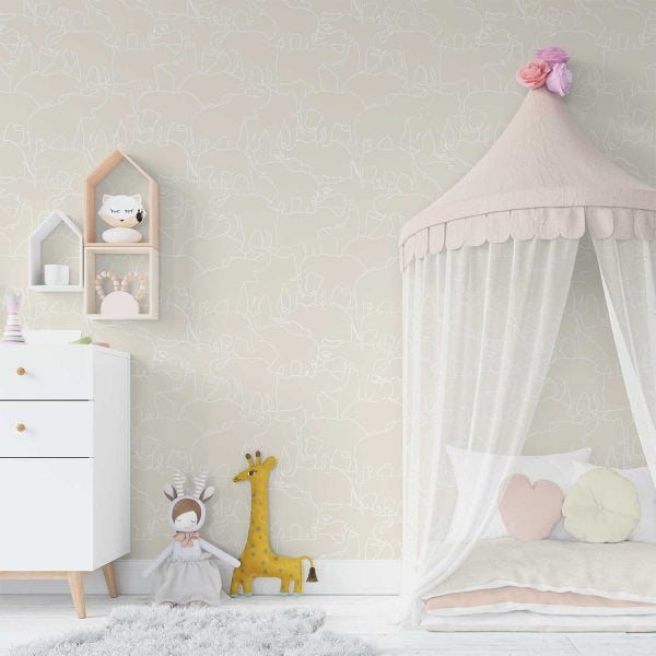 Contemporary beige and white elephant wallpaper in a baby nursery