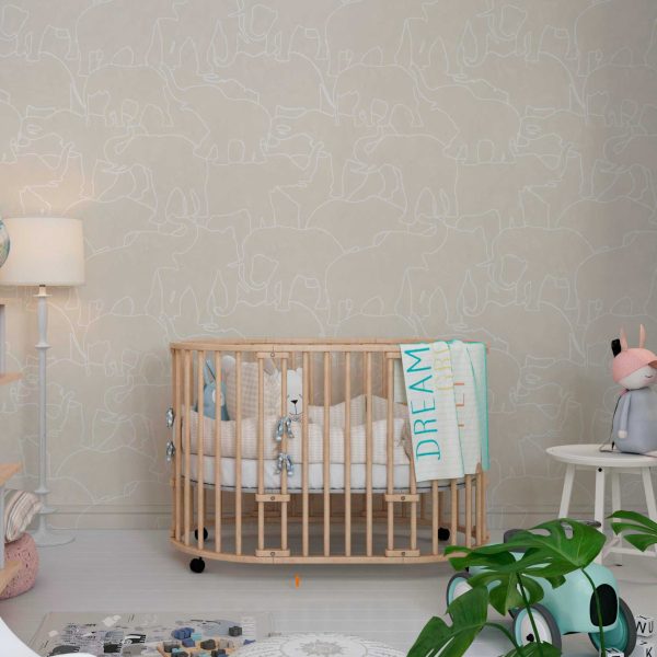 Contemporary beige and white elephant wallpaper in a baby nursery
