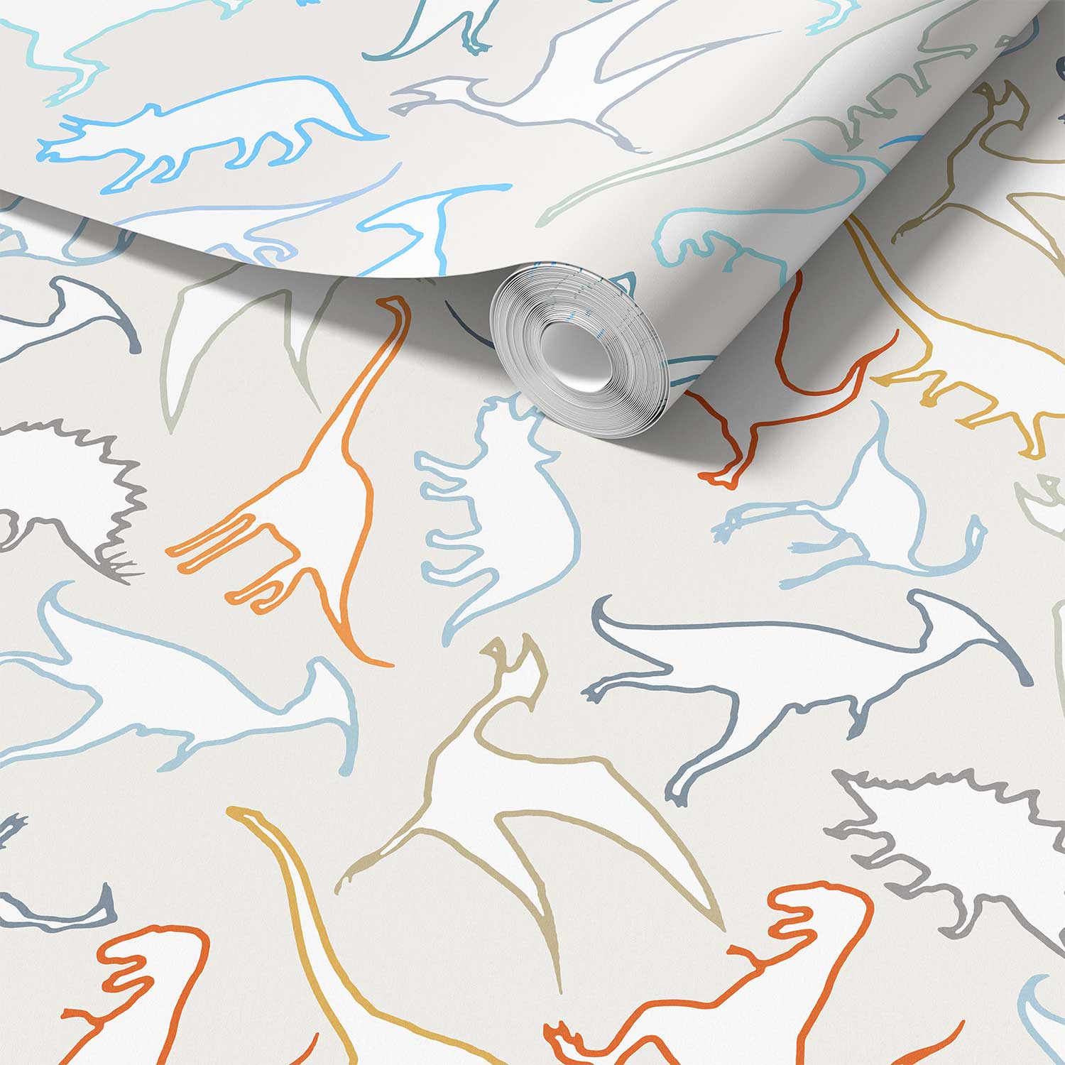 Close-up detail of orange, blue, gray and white dinosaur wallpaper sample