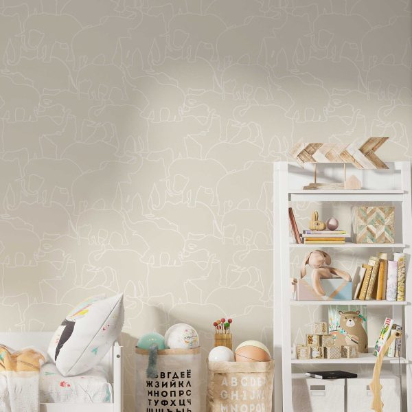 Modern beige and white elephant wallpaper in a kids room