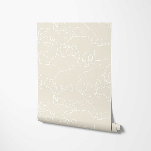 Close-up detail of beige and white elephant wallpaper sample