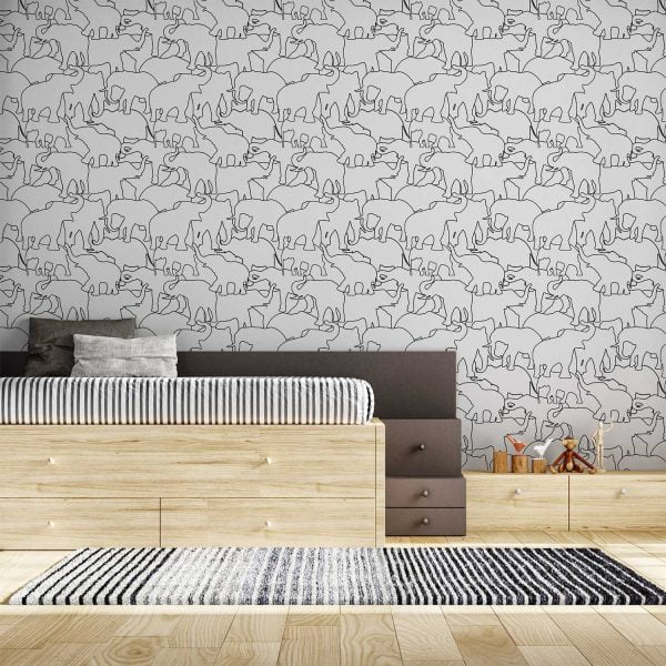 Contemporary black and white elephant wallpaper in a playroom