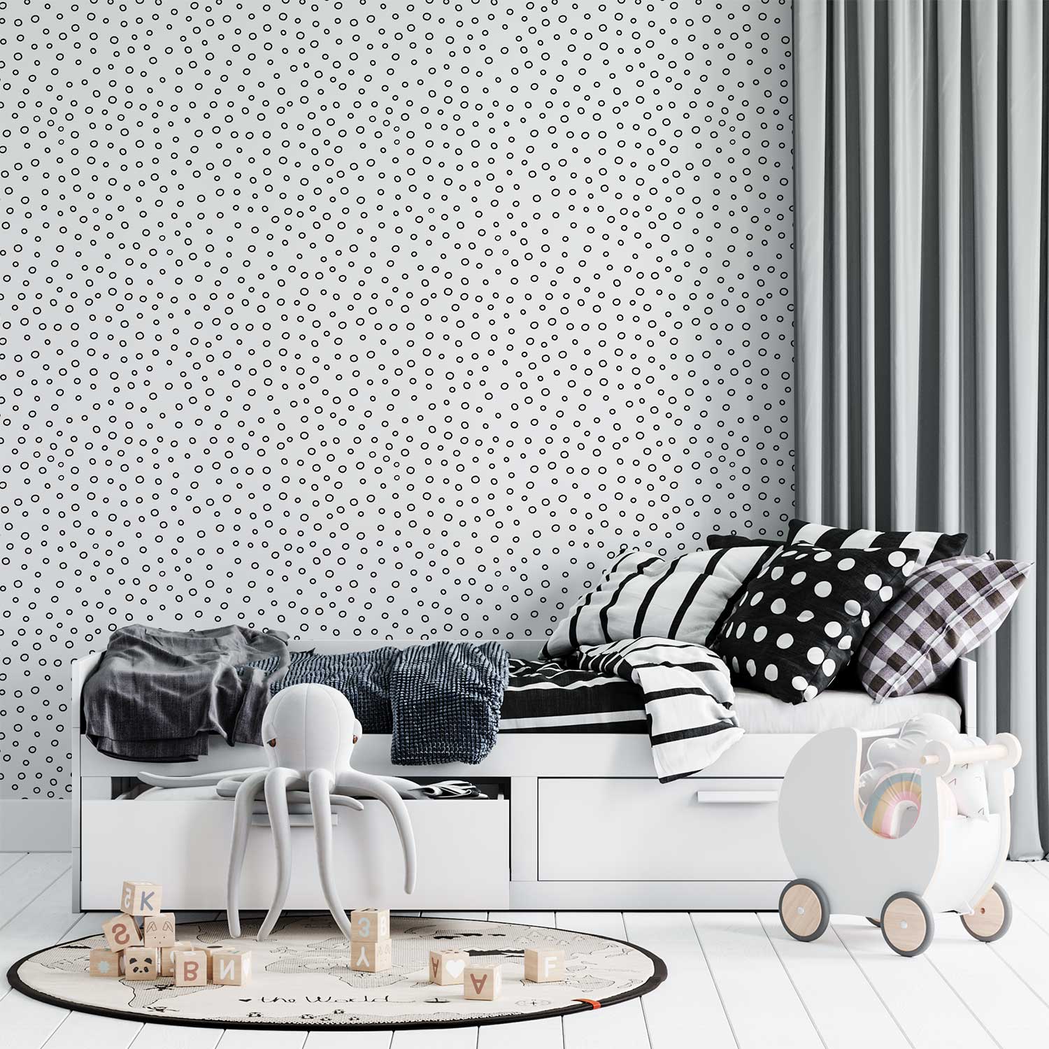 Black and white polka dot contemporary wallpaper in a child's room