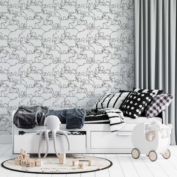 Modern black and white elephant wallpaper in a kids room