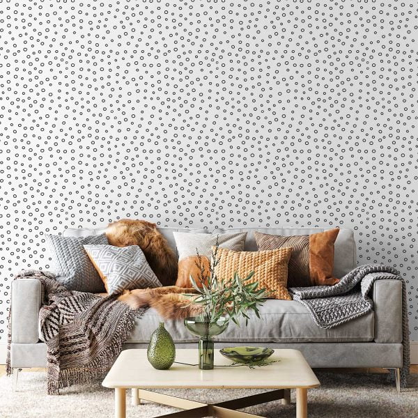 Black and white polka dot contemporary wallpaper in a living room