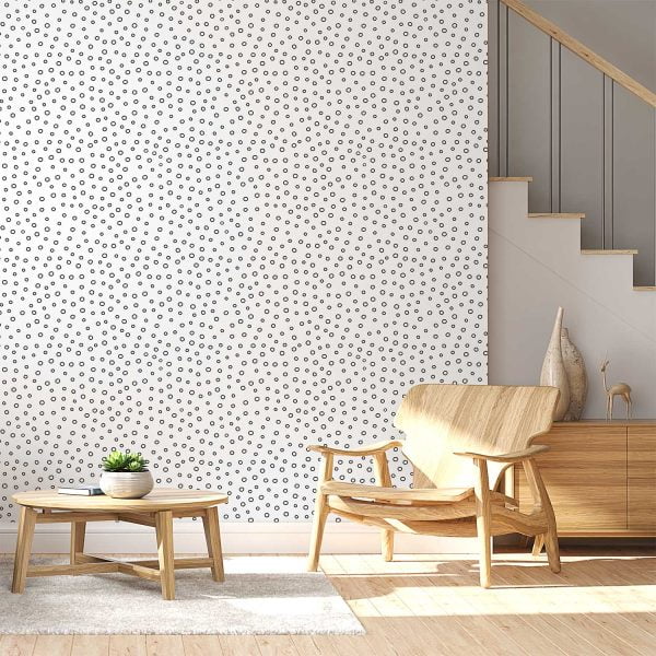 Black and white polka dot contemporary wallpaper in a living room