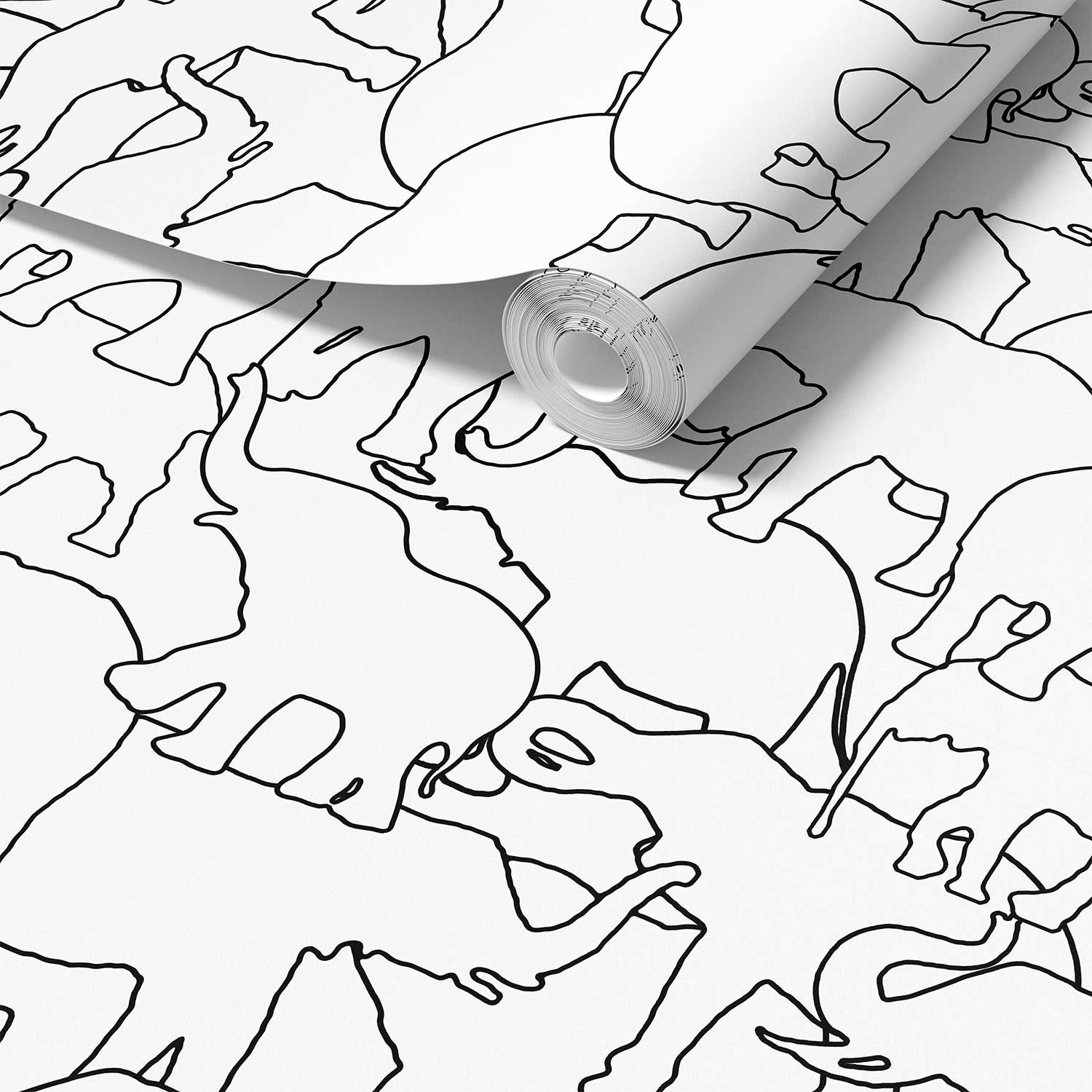 Close-up detail of black and white elephant wallpaper sample