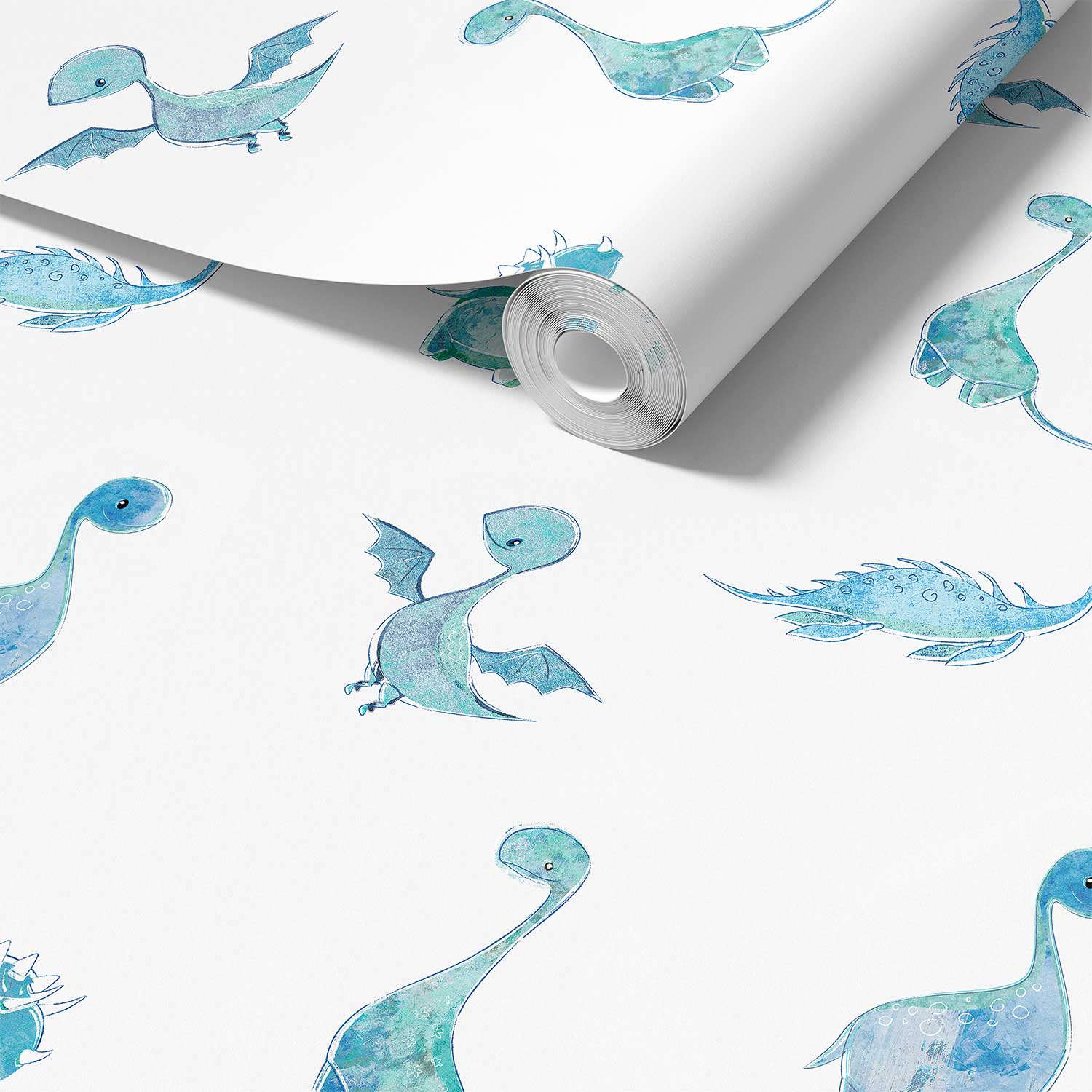 Detailed view of a baby blue dinosaur wallpaper roll, available in vinyl, paper, or fabric peel and stick options