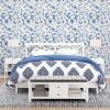 Elegant blue watercolor floral wallpaper in a serene bedroom