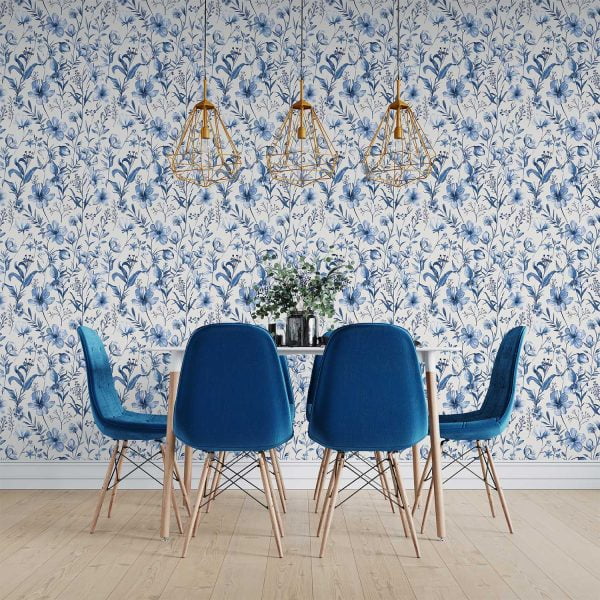 Chic blue watercolor floral wallpaper in a modern kitchen
