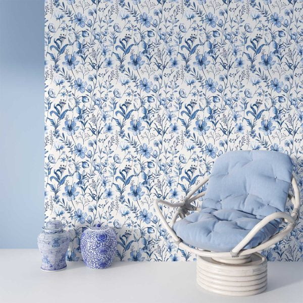 Stylish blue watercolor floral wallpaper in a sitting room