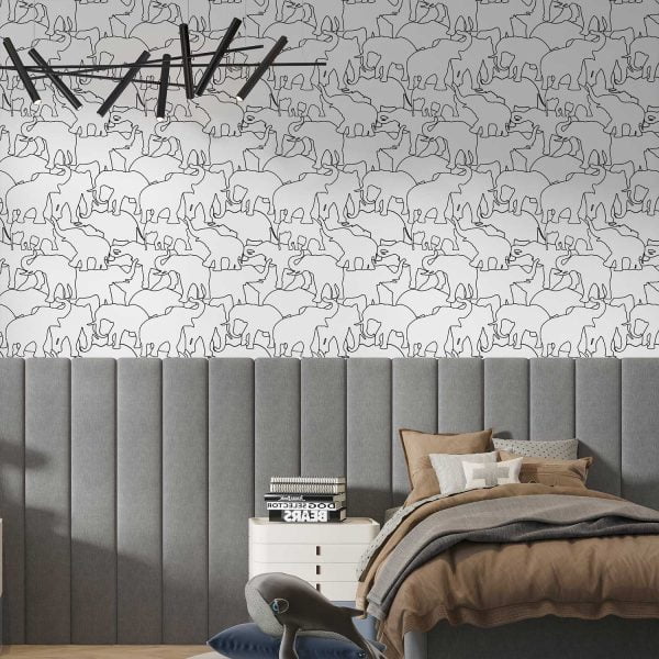 Modern black and white elephant wallpaper in a kids room