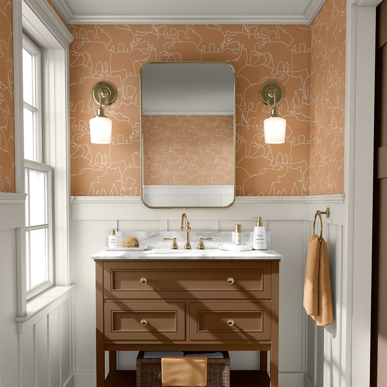 Boho burnt orange elephant wallpaper in a kids bathroom