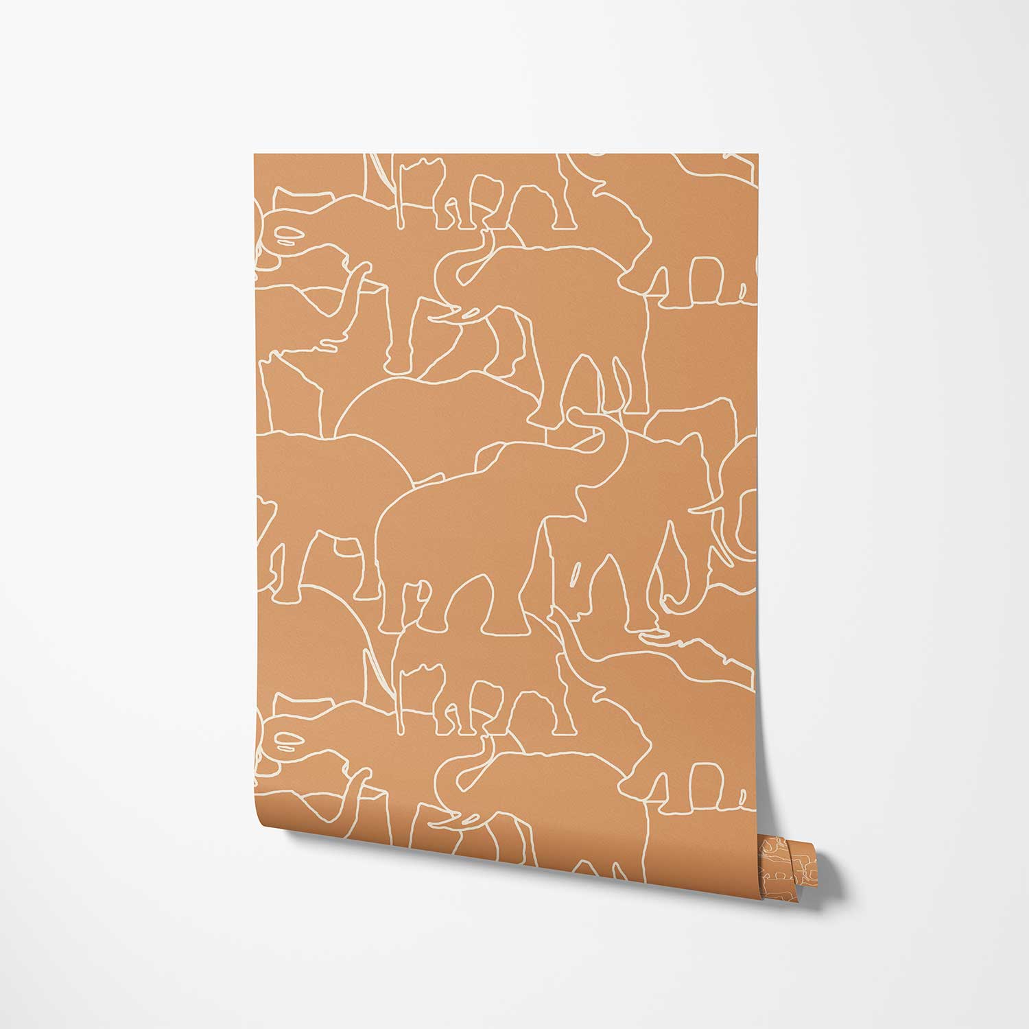 Close-up detail of burnt orange elephant wallpaper sample