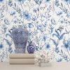 Stylish blue watercolor floral wallpaper in a sitting room