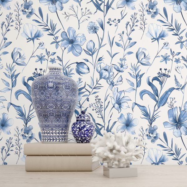 Stylish blue watercolor floral wallpaper in a sitting room