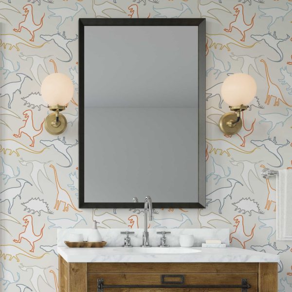 Dinosaur wallpaper in modern contemporary design with orange, gray, blue, mustard, and white colors in a kids bathroom.