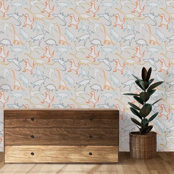 Dinosaur wallpaper in modern contemporary design with orange, gray, blue, mustard, and white colors in a kids playroom.