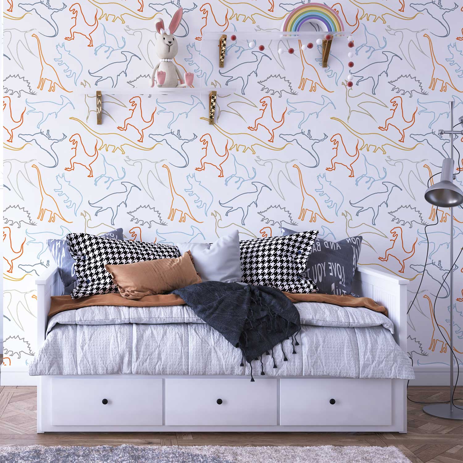 Dinosaur wallpaper in modern contemporary design with orange, gray, blue, mustard, and white colors in a kids playroom.