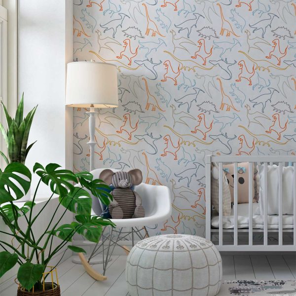 Dinosaur wallpaper in modern contemporary design with orange, gray, blue, mustard, and white colors in a baby nursery.