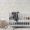 Dinosaur wallpaper for kids in beige, greens, and browns.