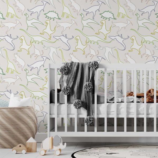 Dinosaur wallpaper for kids in beige, greens, and browns.