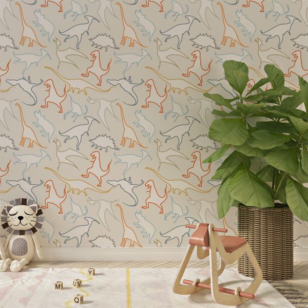 Dinosaur wallpaper in modern contemporary design with orange, gray, blue, mustard, and white colors in a kids playroom.