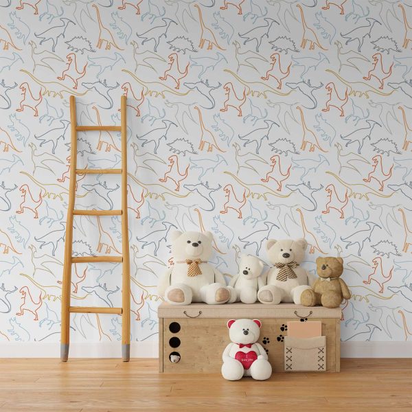 Dinosaur wallpaper in modern contemporary design with orange, gray, blue, mustard, and white colors in a kids playroom.