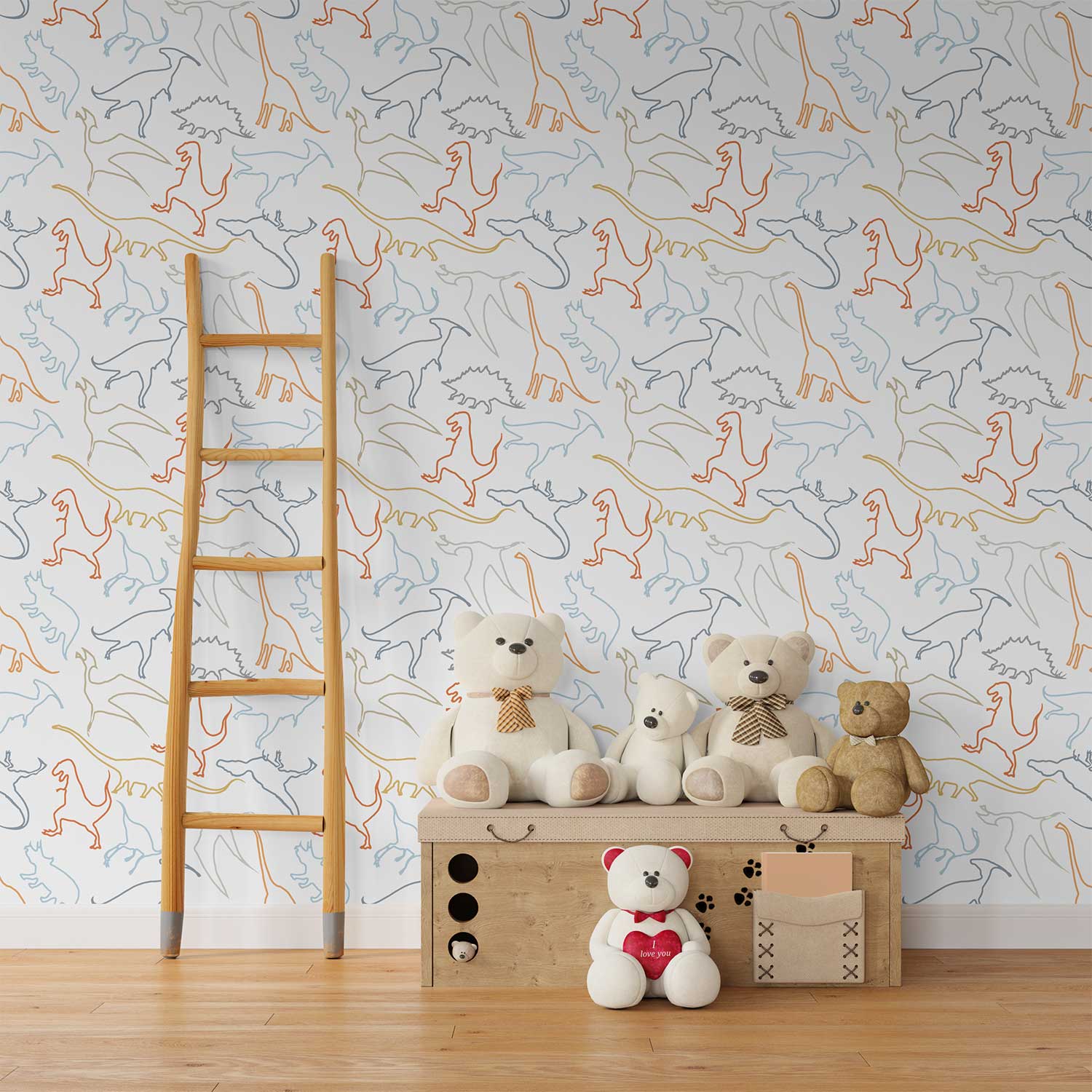 Dinosaur wallpaper in modern contemporary design with orange, gray, blue, mustard, and white colors in a kids playroom.