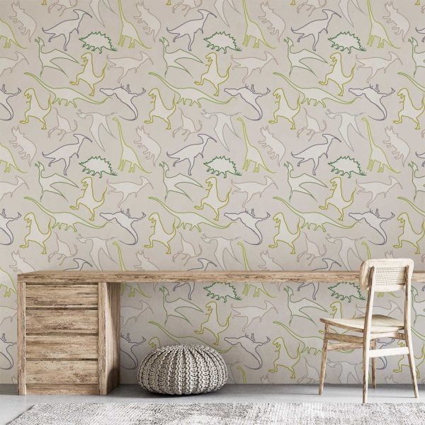Dinosaur wallpaper for kids in beige, greens, and browns.