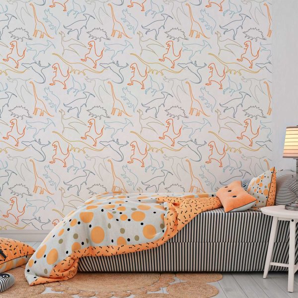 Dinosaur wallpaper in modern contemporary design with orange, gray, blue, mustard, and white colors in a kids bedroom.