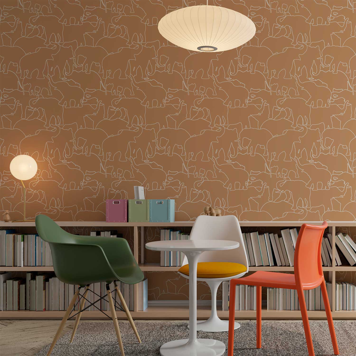 Contemporary burnt orange elephant wallpaper in a playroom