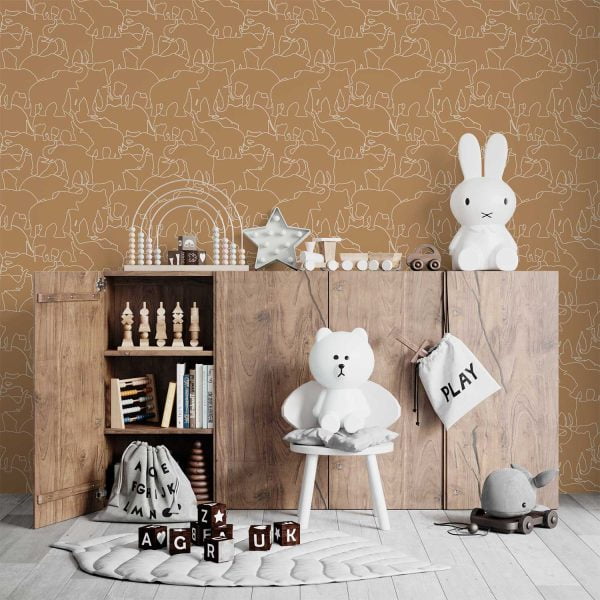 Contemporary burnt orange elephant wallpaper in a playroom