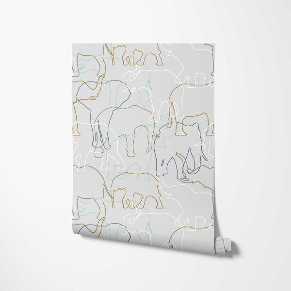 Close-up detail of grey, green and white elephant wallpaper sample