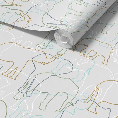 Close-up detail of grey, green and white elephant wallpaper sample