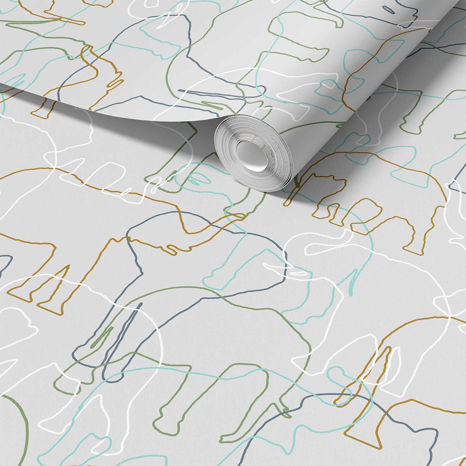 Close-up detail of grey, green and white elephant wallpaper sample