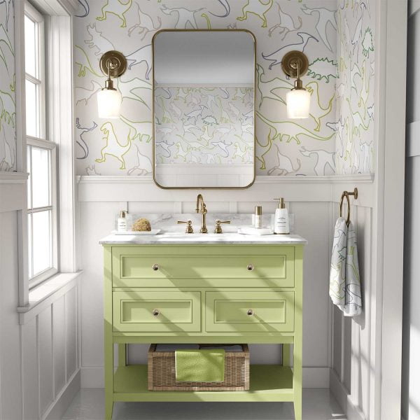 Dinosaur wallpaper for kids in beige, greens, and browns.