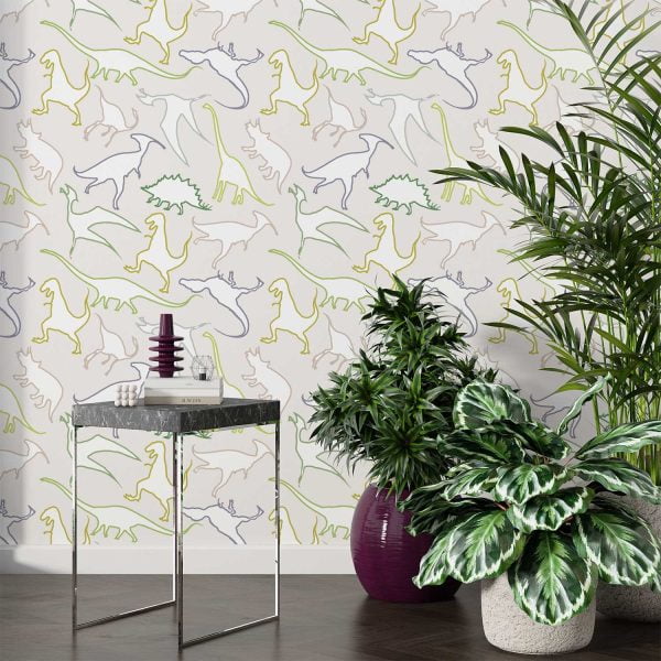 Dinosaur wallpaper for kids in beige, greens, and browns.