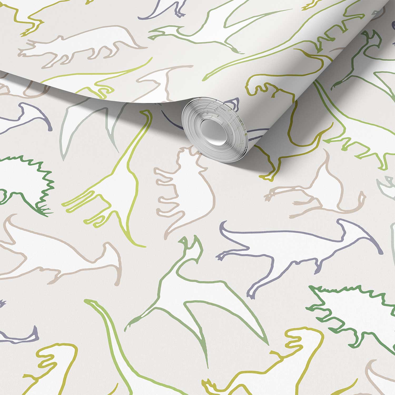 Dinosaur wallpaper for kids in beige, greens, and browns.