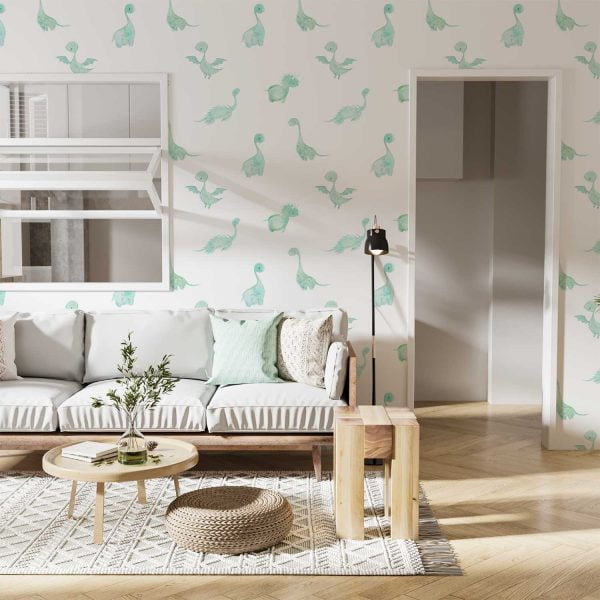 Mint green dinosaur wallpaper in a kids room, available in vinyl, paper, or fabric peel and stick options