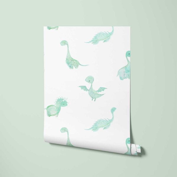 Detailed view of a mint green dinosaur wallpaper roll, available in vinyl, paper, or fabric peel and stick options